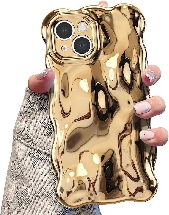 UEEBAI Ripple Case for iPhone 14, Cute Silver Cover Wave Shape for iPhone Case Pretty Aesthetic 3D Phone Cover, Water Ripple Shell 3D Chrome Design for Women and Girl, Gold