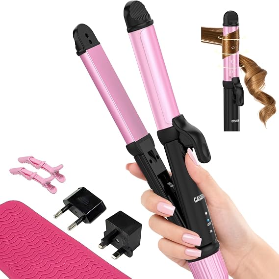 Dual Voltage Curling Iron for Travel,110V-240V Curling Iron 1 inch with European Plug Adapter,2 in 1 Hair Straightener and Curler,Ceramic Curling Irons for Short Hair,Heat-Resistant Pad(Pink)