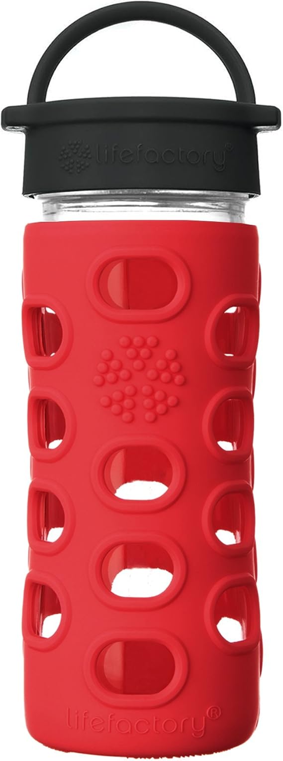 Lifefactory 12-Ounce BPA-Free Glass Water Bottle with Classic Cap and Protective Silicone Sleeve, Apple Red