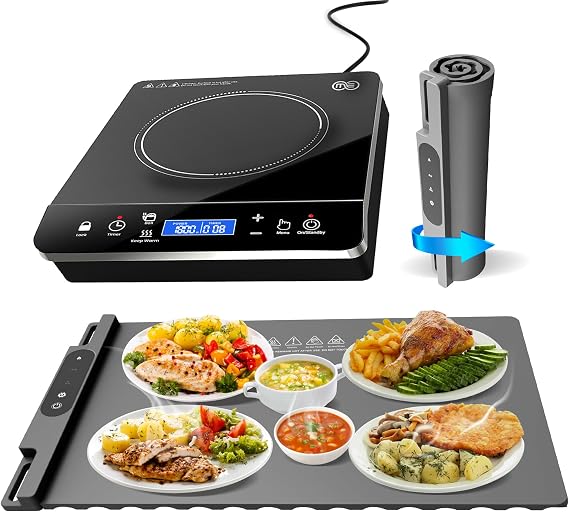 OMEO Portable Single Induction Cooktop 1800 Watts Induction Burner with LCD Sensor Touch and Grey Electric Warming Tray with 3 Temperature Setting, 1-4 hours Timer and Auto Shut-off for Kitchen