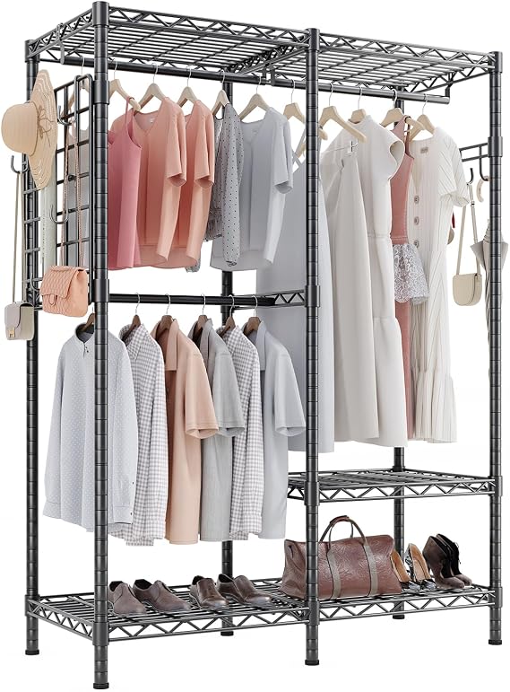 HOKEEPER Clothing Rack Heavy Duty Clothes Rack for Hanging Clothes Loads 1100LBS Garment Rack with Side Mesh Board & Hooks, Freestanding Portable Closets for Hanging Clothes 46.3"Wx16.9"Dx76.2"H Black