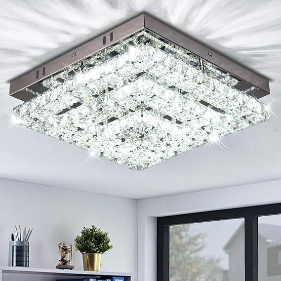 11.8" Crystal Ceiling Light, Square Flush Mount LED, Cool White