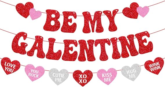 Happy Galentines Day Banner Be My Galentine Banner for Ladies Girls Romantic Celebration Party Decorations Glitter Red Pink Heart Garland NO DIY Valentines Day Party Supplies
