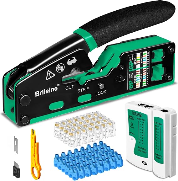 Brileine RJ45 Crimp Tool Pass Through Kit Ethernet Crimper Cat5 Cat5e Cat6