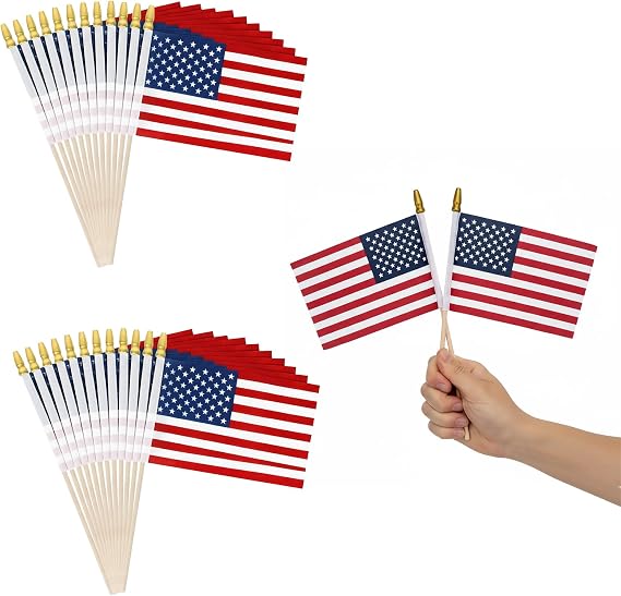 Small American Flags on Stick, 20 Pack Small US Flags/Mini American Flags for Outside 5.5x8.3 Inch American Hand Held Stick Flags with Kid-Safe Spear Top, for 4th of July Decor, 250 Anniversary