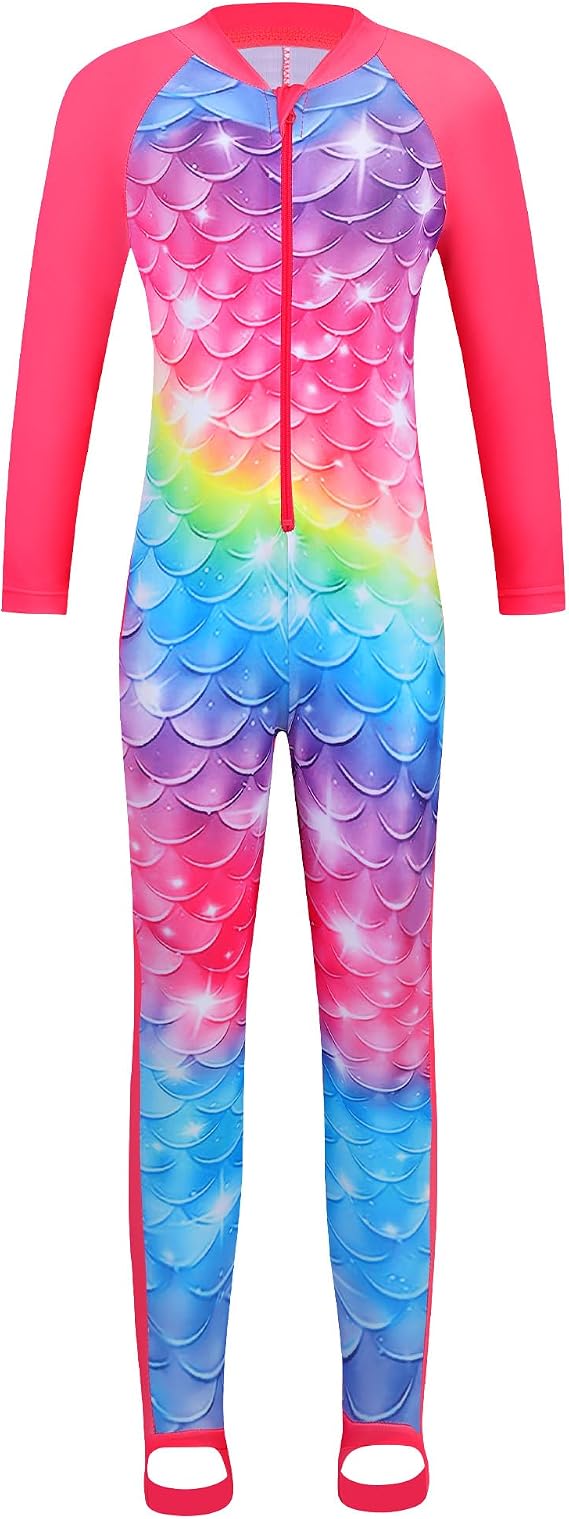 TFJH E Girls Long Sleeve One Piece Swimsuit UPF 50+ Front Zipper Rash Guard Stirrup for Beach