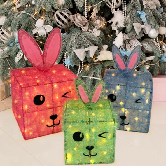 Christmas Lighted Gift Boxes Set of 3, Bunny Light Up Pink Blue Green Boxes Holiday Decor for Home Yard, Battery Operated Prelit 80 Lights Present Box Lighted Display 8 Modes & Timer