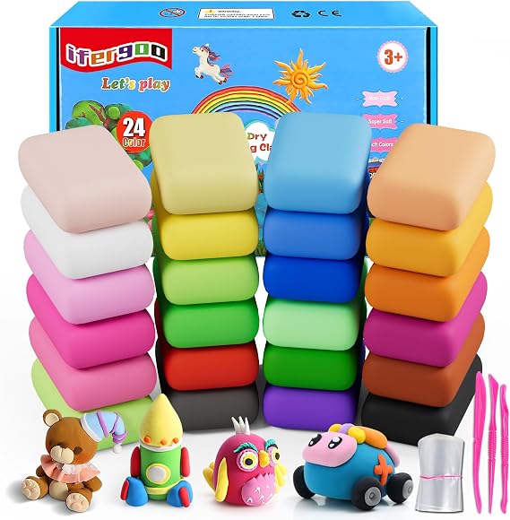 ifergoo Air Dry Clay, 24 Colors Magic Foam DIY Molding Clay for Slime | Slime add ins & Supplies, Soft & Non-Sticky, Easy to use, School Projects, Great Toys Gift for Ages 3-12 Boys & Girls Kids