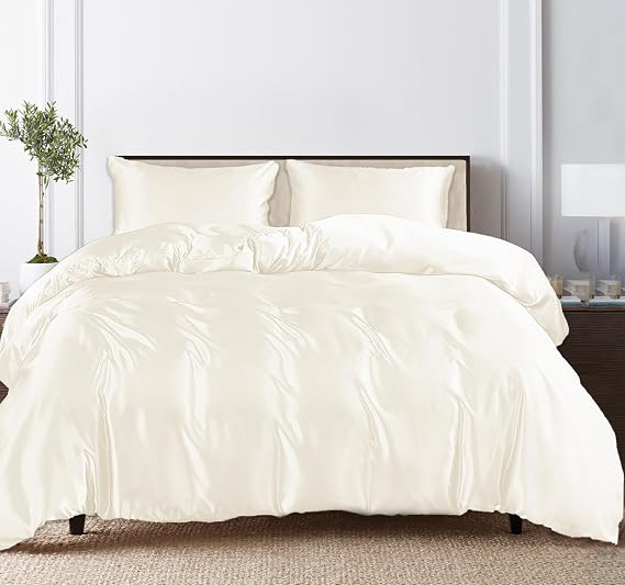 Linenwalas Tencel Lyocell Duvet Cover Set with Deep Pocket Fitted Sheet, Viscose Made from Eucalyptus Soft, Lightweight and Breathable Complete Bedding Set (Ivory, Queen)