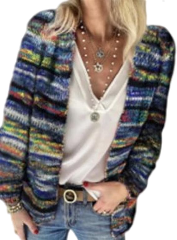 iticat Women's Rainbow Knitted Cardigan Sweater Long Sleeve Multicolor Striped Sweater Jumpers Open Front Jacket