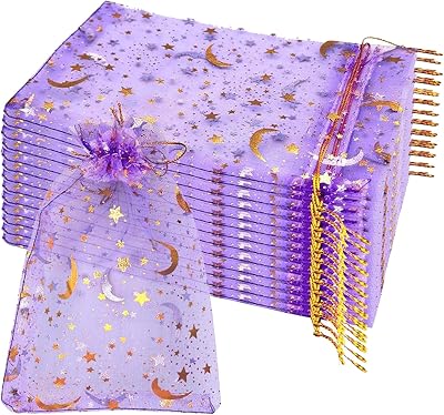 100 Pieces Moon Star Organza Jewelry Candy Bags, 4x6 Inch Sheer Purple Organza Pouch Small Gift Bags with Drawstring for Christmas Party Favors Wedding Valentines Day Bags