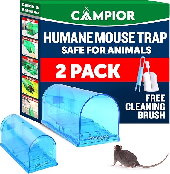 Campior Humane Mouse Trap for House Large, No-Kill Mouse Traps Indoor for Home, Catch-and-Release Rat and Mouse Trap, Child & Pet Safe, Easy to Clean, No-Touch Release, Pack of 2, Blue