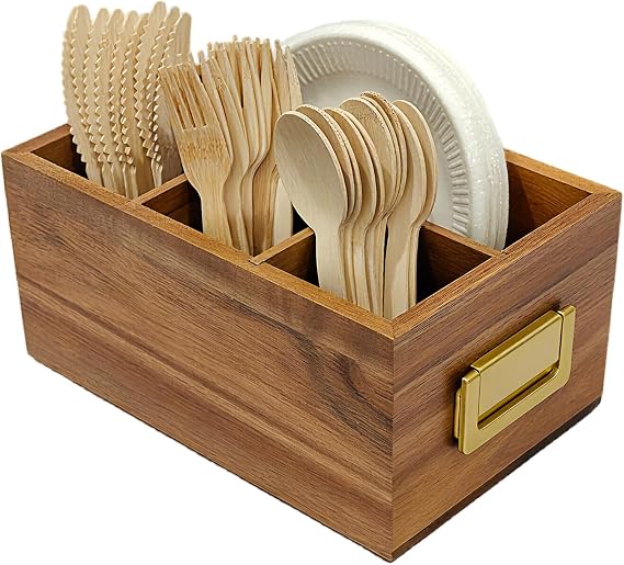 Acacia Silverware Holder for Party with Handle - Paper Plate Holders for Countertop - Wooden Utensil Caddy for Parties - Kitchen Spoon and Fork Organizer Silverware Caddy for Party Camping