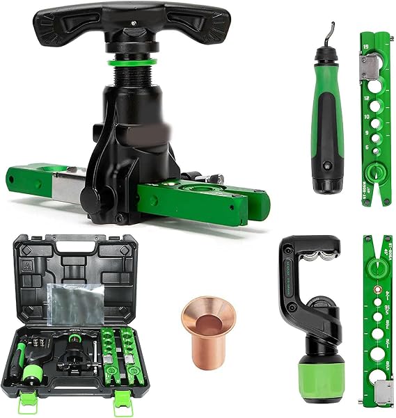 Flaring Tool Kit,1/4" - 3/4" Tubing Pipe Flare Tool,HVAC 45 Eccentric Type Flare Tool,with Pipe Cutter & Deburring Tool,for Copper/Aluminum/Stainless Steel Pipes(5 in 1 Kit)