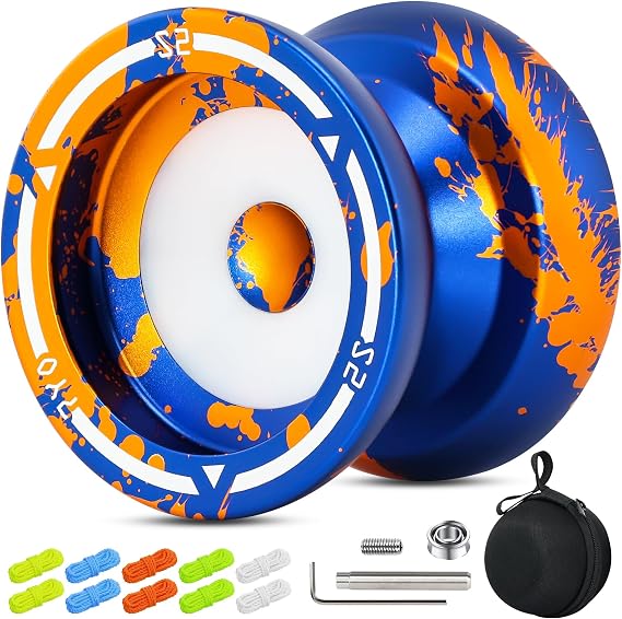 S2 Responsive Yoyo for Kids Beginner, Professional Yoyo for Adult, Dual Purpose Metal Yo-Yo with Replacement Bearing + 10 Yo Yo Strings, Bearing Removal, Axle, Case (Blue Golden)
