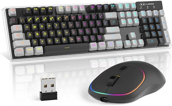 Wireless Gaming Keyboard and Mouse Combo, MageGee V550 2.4G Rechargeable RGB Backlit Keyboard with Clear Shell, Full Size Waterproof Keyboard & LED Mice for PC/Laptop - Gray & Black
