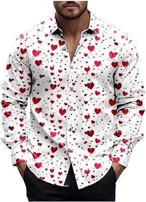 Valentines Day Dress Shirt Men Stylish Casual Lapel Long Sleeve Love Heart Print Button Down Shirts Mens Vacation Top