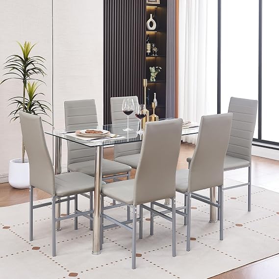 7 Pieces Dining Room Set for 6, Rectangular Dinette Table Set, Contemporary Kitchen Table and 6 Chairs for Home Kitchen/Dinette/Restaurant
