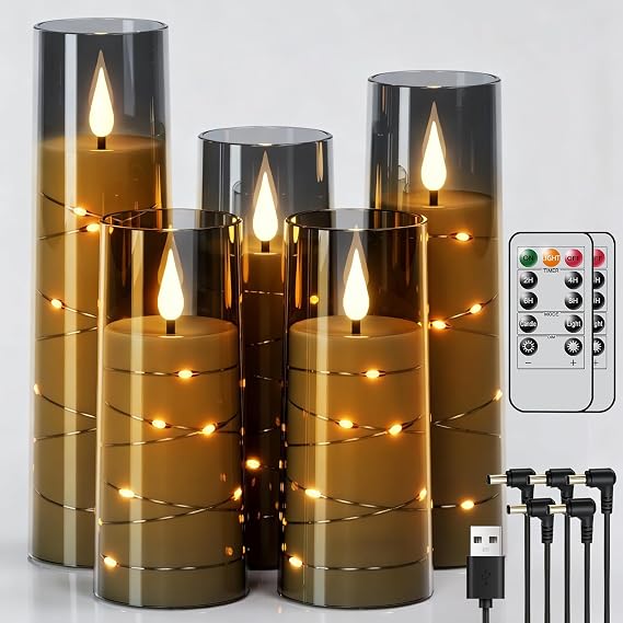 Rechargeable Glass Flameless Candles String Lights Remote Timer