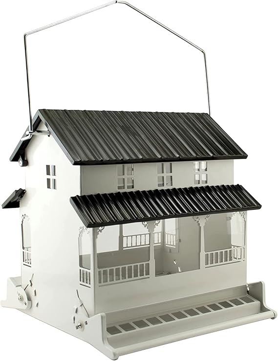 Woodlink Steel Hanging Mount Backyard Farmhouse Squirrel Resistant Wild Bird House Feeder with 10.5 Quarts Seed Feeding Capacity, Black and White