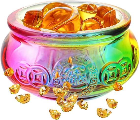 (80mm) Colorful Feng Shui Crystal Glass Golden Treasure Basin with 70pcs Yuan Bao, Good Luck Wealth Prosperity Figurine Collectibles, Colorful Wealth & Prosperity Pot for Home Decor.