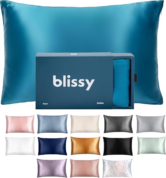 Blissy Silk Pillowcase - 100% Pure Mulberry Silk - 22 Momme 6A High-Grade Fibers - Silk Pillow Cover for Hair & Skin - Regular, Queen & King (Aqua, King)
