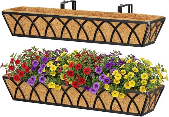 Y&M Railing Planter Boxes, Metal Hanging Balcony Planter, Adjustable Deck Railing Planter for Fence, Window Boxes Outdoor, Heavy Duty Flower Box for Porch Rail-30inch 2pcs