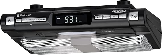 Jensen Under Cabinet Kitchen Bluetooth Home Music System - Clock FM Radio - Includes Mounting Hardware - Black Edition