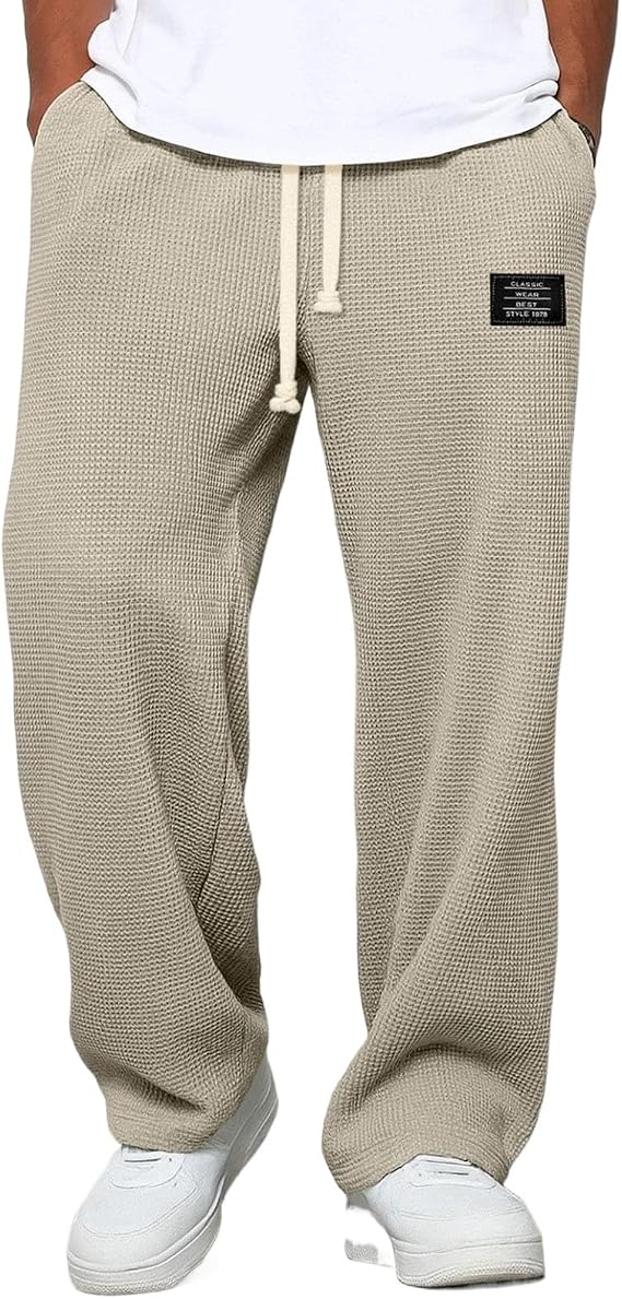 Men's Waffle Knit Casual Pants, Loose Wide Leg Sweatpants
