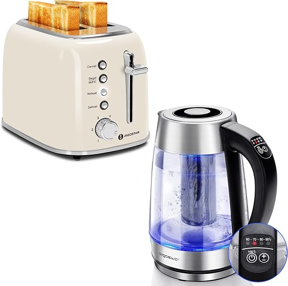 Aigostar Toaster 2 Slice, Retro Extra-Wide Slot Toasters and Electric Kettle, Tea Kettle with Temperature Control and Tea Infuser, 1500W Hot Water Kettle with Variable Temperature, Keep Warm Function