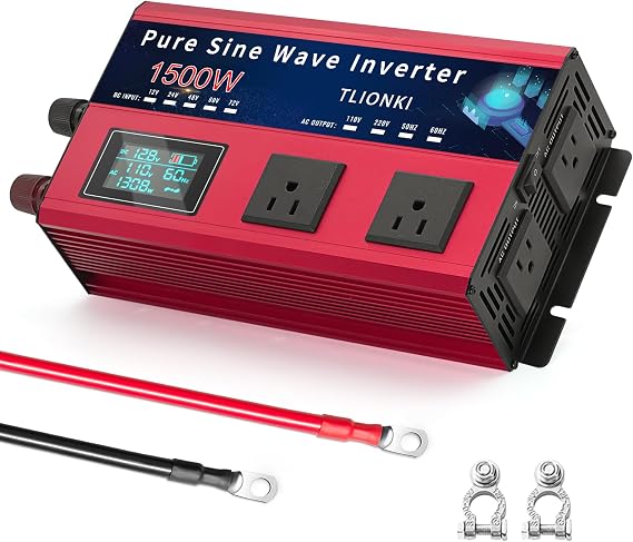 1500 Watt Pure Sine Wave Inverter, DC 12V to 110V AC Inverters for Home, RV, Vehicles, Outdoor, Truck, Surge 3000W Solar Power Inverter with 4 Outlets, LCD Display, AC Hardwire Port