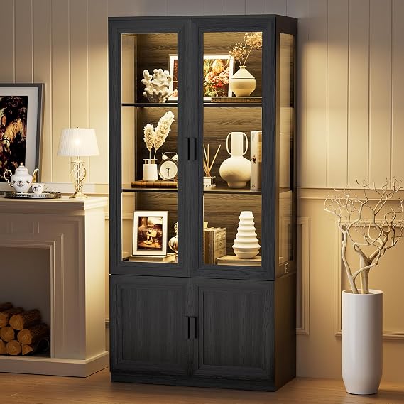 BROTTAR Display Cabinet with 3 Color Lights Black(67.13''H*31.5" W*15.75D) | 4 tier Curio Cabinet Bottom Storage Space,Human Body Sensor, Bookcase with 3 Color Light, Suitable for Collections,Books,Lego