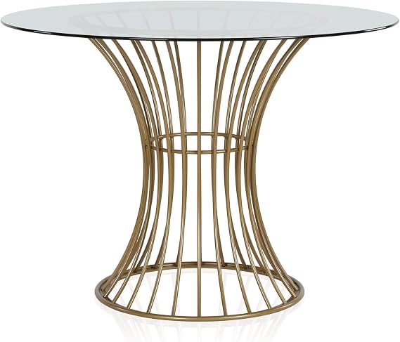 COSMOLiving by COSMOPOLITAN Westwood Modern Clear Tempered Glass Round Top Dining Table with Hourglass Gold Base - Brass