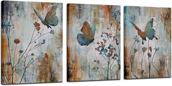 Biuteawal 3 Panel Canvas Print Teal Brown Butterfly Flower Painting Wall Art Plant Floral Picture Print on Canvas Vintage Artwork for Home Living Room Bedroom Bathroom Wall Decor Ready to Hang