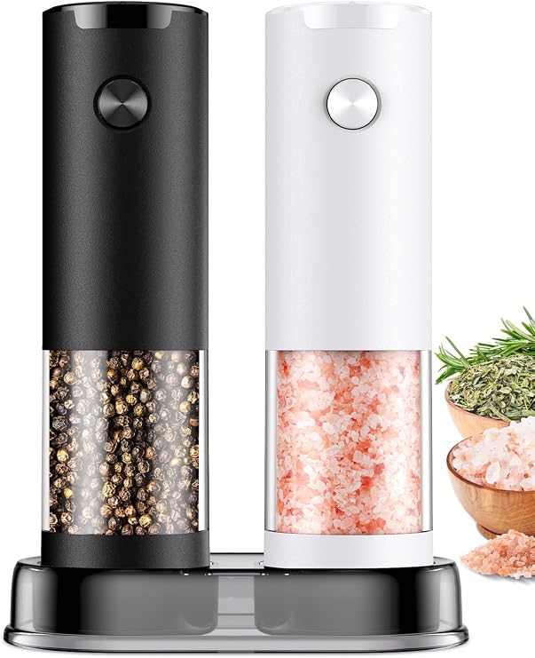 Electric Salt and Pepper Shakers Set Automatic Battery Pepper Mill Shakers Adjustable Coarseness Easy Filling Upgraded Larger Capacity with Led (2 Pack Black/White)