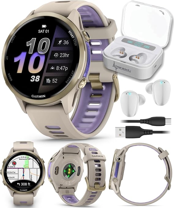 Garmin Forerunner 955 Solar, GPS Running Smartwatch with Solar Charging Capabilities, Tailored to Triathletes, Long-Lasting Battery, Whitestone with Wearable4U White Earbuds Bundle