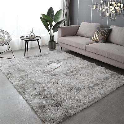 Reyox Fluffy Soft Rectangle Area Rug, Plush Shaggy Tie Dyed Carpet for for Living Room Bedroom Home Decor Concrete Grey 1.3 x 2.0 Feet