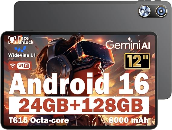 Android 16 Tablet 12 Inch, 24GB RAM 128GB ROM (Expandable 1TB), 20001200 IPS Full HD Display, 8000mAh Long Battery, 12+ inch, 8MP+16MP Dual Camera, Widevine L1, GMS, 11.97 inch Gaming Tablet