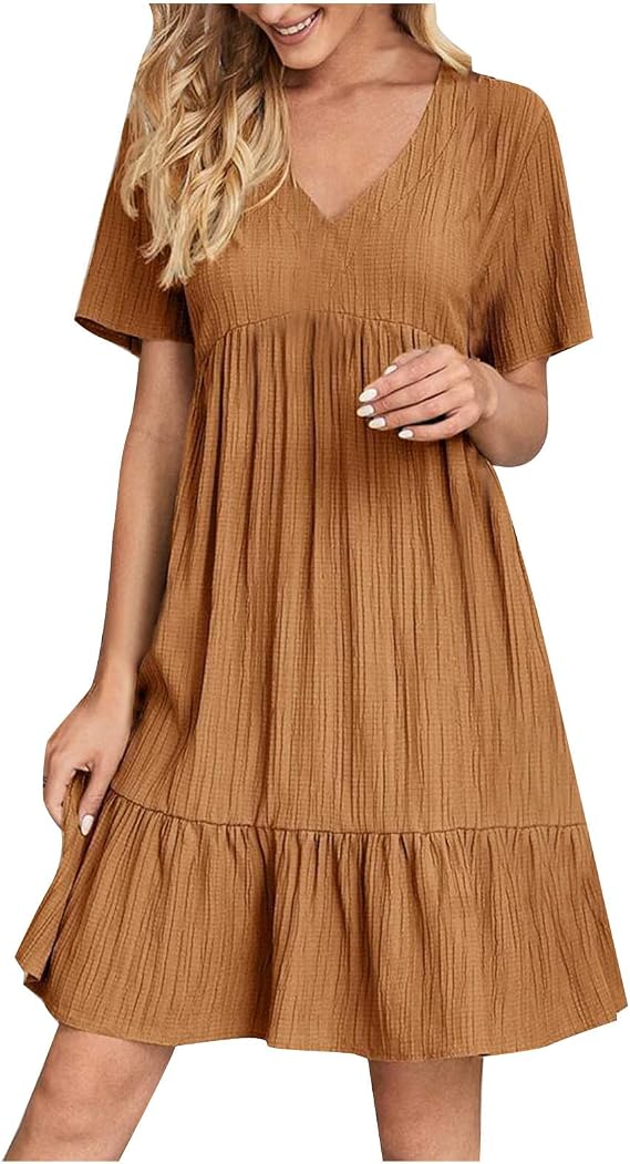 SMIDOW Summer Dresses for Women 2026 Vacation Short Sleeve v Neck Mini T Shirt Dress Pleated Ruffle Flowy Beach Sundresses