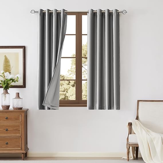 BULBUL 100% Silver Grey Blackout Velvet Window Curtains 63 inch Long Room Darkening Curtains Heavy Thermal Insulated Grommet Livingroom Window Drapes with Liner 2 Panels Set