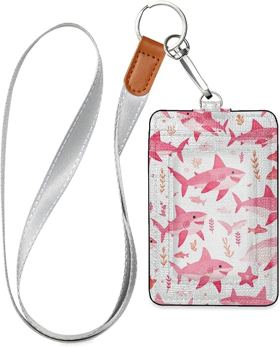 Badge Holder, Fish Peach PU Leather School College Business ID Badge Card Holder Wallet Case with 1 Clear Card Window, 2 Credit Card Slots and Detachable Neck Lanyard - Vertical