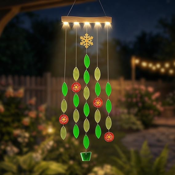 Topadorn Solar LED Glass Wind Chimes Outdoor, Leaf Suncatcher Wind Chime, Hanging Garden Decor for Patio & Yard