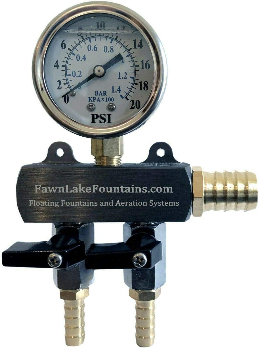 Fawn Lake Heavy Duty Aeration Air Manifold- Stainless Steel, Brass, and Aluminum- Pressure Gauge Included (2 Port)