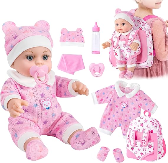 BDDOLL 12" Baby Doll in Gift Box with Pink Backpack, Clothes | 12 Inch Realistic Baby Dolls with Feeding Bottle Pacifier and Hanky Pretend Play Collection for 3+ Child Girls Gifts