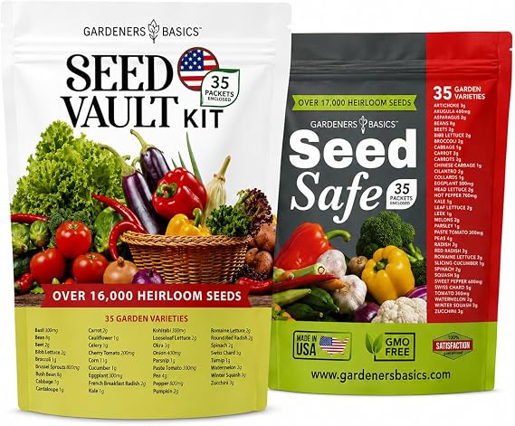 Gardeners Basics Survival Seed Vault & Seed Safe Bundle 70 Heirloom Vegetable Varieties, 33,000+ Seeds, Non-GMO Emergency Food Supply