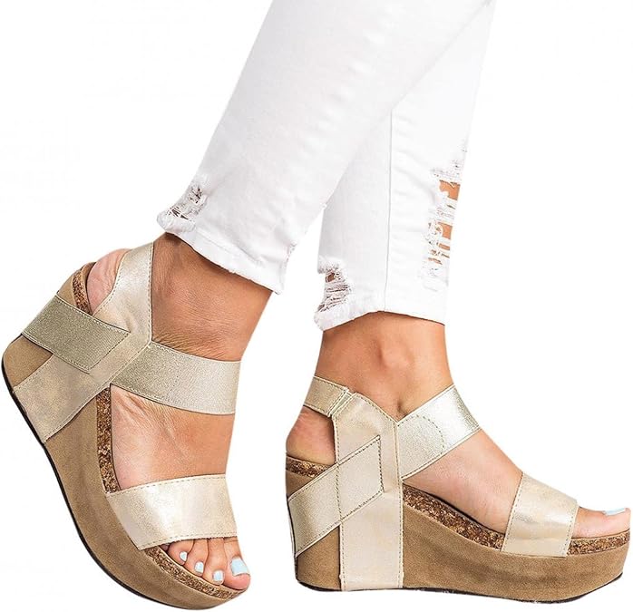 Wedges Shoes for Women Sandals Open Toe Breathable Beach Platform Sandals | Coarse heel elastic adjustable elastic wedge heel sandals