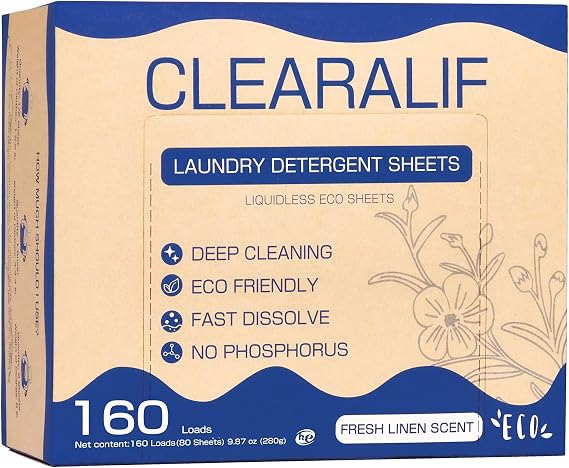 CLEARALIF Laundry Detergent Sheets Up to 160 Loads, Fresh Linen - Great For Travel,Apartments, Dorms,Laundry Detergent Strips Eco Friendly & Hypoallergenic | Eco-Friendly & Hypoallergenic, Great for Travel, Apartments & Dorms, Biodegradable Formula, Dissolves in Any Water Temp
