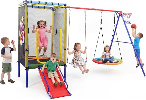OLAKIDS Swing Sets for Backyard, 6 in 1 Outdoor 440LBS Heavy Duty A-Frame Metal Stand with Trampoline, Slide, Saucer Swing, Belt Swing, Dartboard, Basketball Hoop for Kids Family Fun