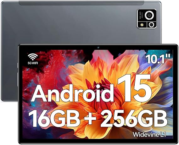 M8 Android 15 Tablet, 10.1" IPS Touchscreen, 8-Core Processor, 16GB RAM + 256GB ROM, 8000mAh Battery, 13MP+5MP Dual Camera, Dual-Band 2.4G/5G WiFi, Bluetooth, Widevine L1