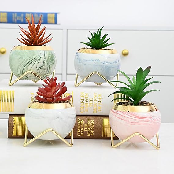 Simcat Succulent Pots with Drainage and Stands Mini Ceramic Flower Pot 4 Cactus Planter Pots Modern Round Succulent Plant Pots for Home Office Desktop Windowsill Decor (Patterned,4)